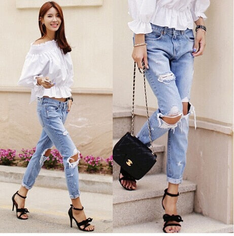 Autumn New Fashion Cotton Jeans Women Loose Low Waist Washed Vintage Big Hole Ripped Long Denim Pencil Pants