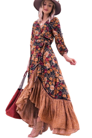 Autumn Floor Length Dress Women's Long Sleeve Printing Dress Floral Vintage Irregular Maxi Dress Mujer Chic Wrap Dress