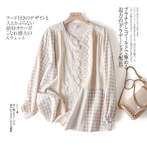 Autumn Japanese Female Cotton Splicing Collar Shirt Relaxed Joker Retro Literary Leisure Women Blouses Mori Girl