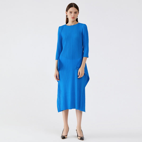 Autumn MIyak Pleated plus size clothing for women Dress O-neck 3/4 Sleeve Solid Female Dresses