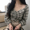 Autumn Plaid Blouse Harajuku Style V-neck Strapless Drawstring Long Sleeve Shirt Off The Shoulder Crop Tops