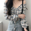 Autumn Plaid Blouse Harajuku Style V-neck Strapless Drawstring Long Sleeve Shirt Off The Shoulder Crop Tops