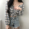 Autumn Plaid Blouse Harajuku Style V-neck Strapless Drawstring Long Sleeve Shirt Off The Shoulder Crop Tops