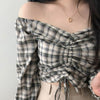 Autumn Plaid Blouse Harajuku Style V-neck Strapless Drawstring Long Sleeve Shirt Off The Shoulder Crop Tops