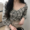 Autumn Plaid Blouse Harajuku Style V-neck Strapless Drawstring Long Sleeve Shirt Off The Shoulder Crop Tops