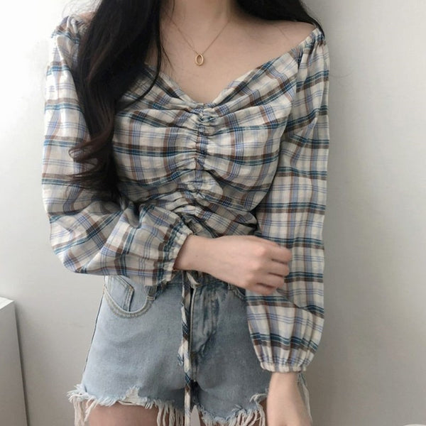 Autumn Plaid Blouse Harajuku Style V-neck Strapless Drawstring Long Sleeve Shirt Off The Shoulder Crop Tops