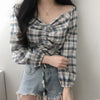 Autumn Plaid Blouse Harajuku Style V-neck Strapless Drawstring Long Sleeve Shirt Off The Shoulder Crop Tops