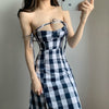 Autumn Plaid Print Slash Neck Lace Shoulder Strap Dress Tank Dresses Ruffles Women Camisole Sexy Korean Style QA87