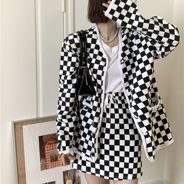 Autumn Plaid Women Sets V-neck Long Sleeved Jacket + High Waist Mini Skirts Korean Two-Piece Suit Female