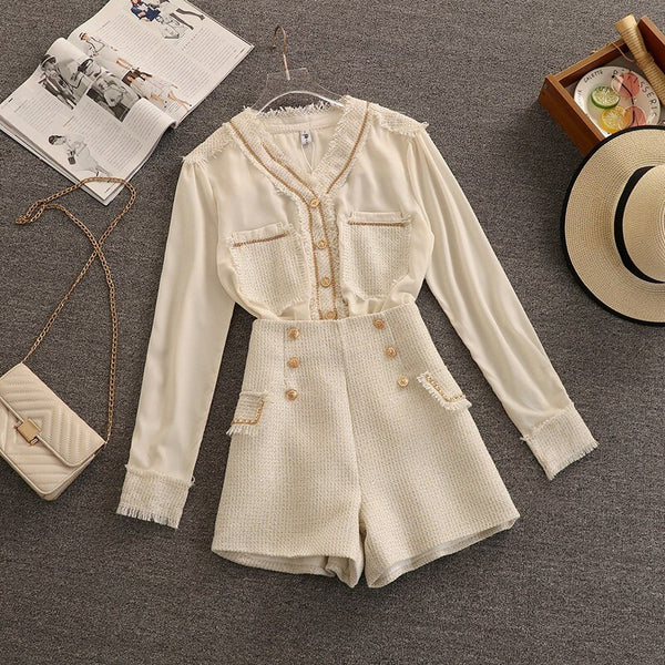 Autumn Small Fragrance Tweed 2 Piece Set Women Chain Trim Tassel Patchwork Shirt Blouse + Shorts Suits Korean Outfit