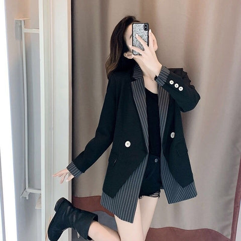 Autumn Stylish Patchwork Women Vintage Elegant Plaid Blazer Chic Single-breasted Office Ladies Loose Long Sleeve Blazer