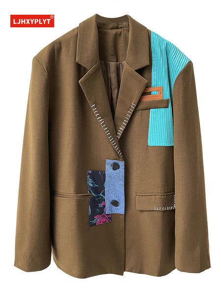 Autumn Suit Coat Ladies Color-bock Patchwork Asymmetric Long Sleeve Loose Blazer Women's Clothing