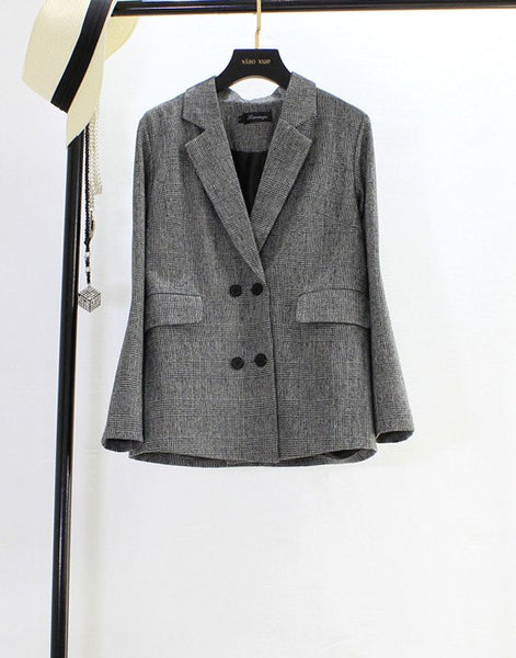Autumn New Vintage Plaid Blazer jacket Formal Slim Long Sleeve Plus Size Casual Suit coat Women Double Breasted Blazers