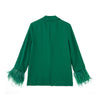 Autumn Women Green Feather Blazer Coat Vintage Long Sleeve Welt Pockets Office Casual Female Outerwear Chic Tops