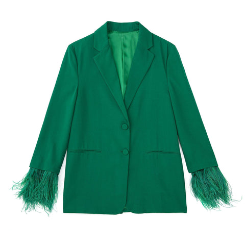 Autumn Women Green Feather Blazer Coat Vintage Long Sleeve Welt Pockets Office Casual Female Outerwear Chic Tops