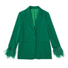 Autumn Women Green Feather Blazer Coat Vintage Long Sleeve Welt Pockets Office Casual Female Outerwear Chic Tops