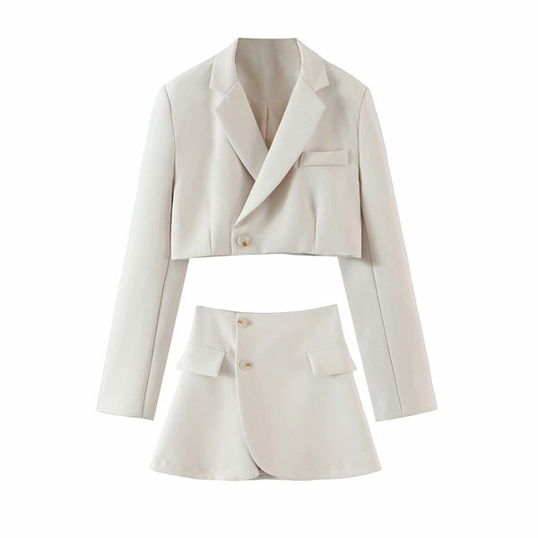 Autumn Women's Clothing European and American Style Lapel Long Sleeve Short Suit + Button Solid Color Skirt