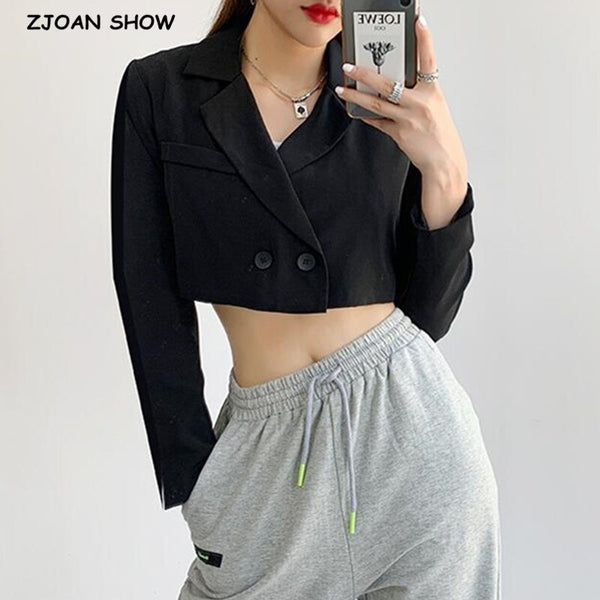 Autumn Notched Collar Cropped Blazer Vintage Women Double-breasted Buttons Long sleeve High Waist Suit Cool Girl Coat Outwear