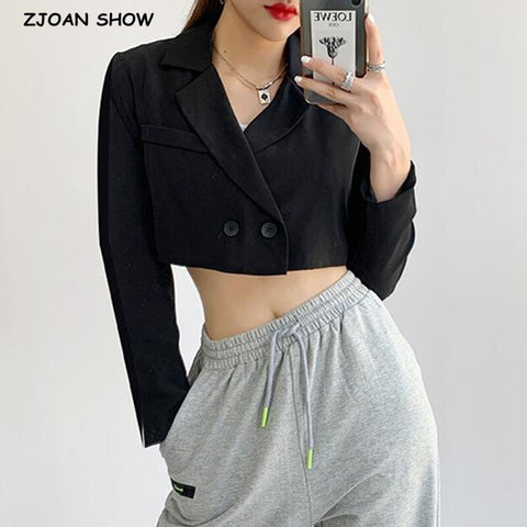 Autumn Notched Collar Cropped Blazer Vintage Women Double-breasted Buttons Long sleeve High Waist Suit Cool Girl Coat Outwear