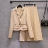 Autumn Office Lady Causal Blazer And Pleated Skirts Women Korean Navel Single Breasted Belt Blazer Feminino Femme Two Piece Set