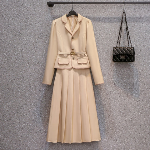 Autumn Office Lady Causal Blazer And Pleated Skirts Women Korean Navel Single Breasted Belt Blazer Feminino Femme Two Piece Set