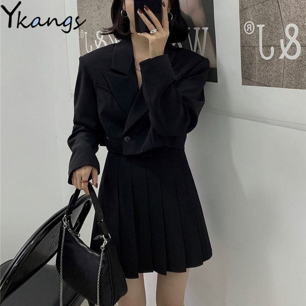 Autumn Office Shorts Elegant Solid Blazer Women Y2k Harajuku High Waist Casual Pleated Skirts Suit Jacket OL Skirt Two Piece Set