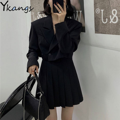 Autumn Office Shorts Elegant Solid Blazer Women Y2k Harajuku High Waist Casual Pleated Skirts Suit Jacket OL Skirt Two Piece Set