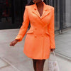 Autumn Orange Office Lady Blazer Lapel Long Sleeve Flap Pockets Double Breasted Mid-Length Formal Women Suit Coat Outerwear