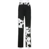 Autumn Patchwork Cow Print Jeans Women Casual High Waisted Pants Straight Harajuku 90s Black Long Trousers Ladies Streetwear