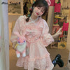 Autumn Pink Sweet Lolita Dress Women Japanese Kawaii Fairy Party Mini Dress Female Korean Lace Halter Cute Princess Dress 2022