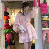 Autumn Pink Sweet Lolita Dress Women Japanese Kawaii Fairy Party Mini Dress Female Korean Lace Halter Cute Princess Dress 2022