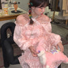 Autumn Pink Sweet Lolita Dress Women Japanese Kawaii Fairy Party Mini Dress Female Korean Lace Halter Cute Princess Dress 2022
