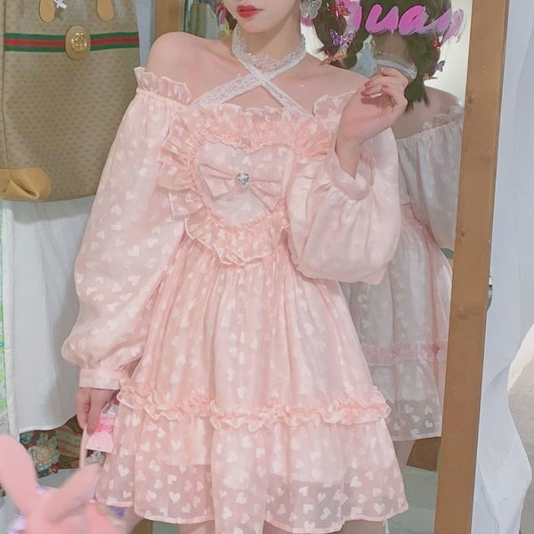 Autumn Pink Sweet Lolita Dress Women Japanese Kawaii Fairy Party Mini Dress Female Korean Lace Halter Cute Princess Dress 2022