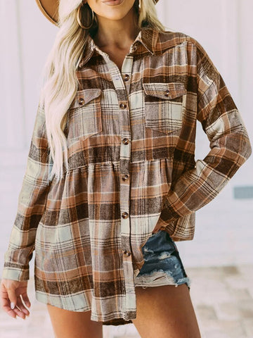Autumn Plaid Shirt For Women Vintage Print Blouse Shirt Casual Outerwear Long Sleeve Office Lady Tops Female Streetwear