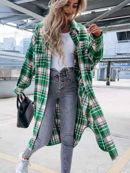 Autumn Plaid Shirts Women Casual Loose Long Coat Elegant Vintage Lapel Extended Blouses Long Sleeve Office Ladies Shirts