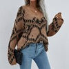 Autumn Printed Knitwear Women Casual V-Neck Knitted Sweater Vintage Loose Long Sleeve Pullover Winter Plaid Jumpers