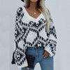 Autumn Printed Knitwear Women Casual V-Neck Knitted Sweater Vintage Loose Long Sleeve Pullover Winter Plaid Jumpers