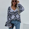 Autumn Printed Knitwear Women Casual V-Neck Knitted Sweater Vintage Loose Long Sleeve Pullover Winter Plaid Jumpers