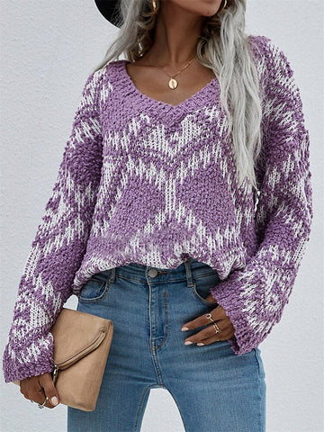 Autumn Printed Knitwear Women Casual V-Neck Knitted Sweater Vintage Loose Long Sleeve Pullover Winter Plaid Jumpers
