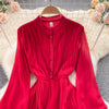 Autumn Purple/Red/Yellow Pleated Dress Women Vintage Stand Collar Puff Sleeve High Waist Draped Vestidos Female Midi Robe 2022