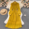 Autumn Purple/Red/Yellow Pleated Dress Women Vintage Stand Collar Puff Sleeve High Waist Draped Vestidos Female Midi Robe 2022