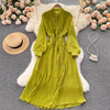 Autumn Purple/Red/Yellow Pleated Dress Women Vintage Stand Collar Puff Sleeve High Waist Draped Vestidos Female Midi Robe 2022
