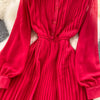 Autumn Purple/Red/Yellow Pleated Dress Women Vintage Stand Collar Puff Sleeve High Waist Draped Vestidos Female Midi Robe 2022