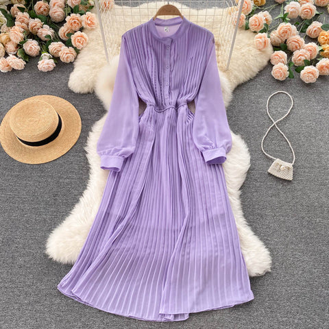 Autumn Purple/Red/Yellow Pleated Dress Women Vintage Stand Collar Puff Sleeve High Waist Draped Vestidos Female Midi Robe 2022