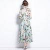 Autumn Runway Bohemian Midi Dress Women Lantern Sleeve Elegant Bow Tie Belt Collar Flower Print Long Chiffon Evening Vestidos