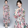 Autumn Runway Bohemian Midi Dress Women Lantern Sleeve Elegant Bow Tie Belt Collar Flower Print Long Chiffon Evening Vestidos