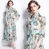 Autumn Runway Bohemian Midi Dress Women Lantern Sleeve Elegant Bow Tie Belt Collar Flower Print Long Chiffon Evening Vestidos