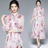 Autumn Runway Bohemian Midi Dress Women Lantern Sleeve Elegant Bow Tie Belt Collar Flower Print Long Chiffon Evening Vestidos