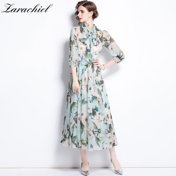 Autumn Runway Bohemian Midi Dress Women Lantern Sleeve Elegant Bow Tie Belt Collar Flower Print Long Chiffon Evening Vestidos