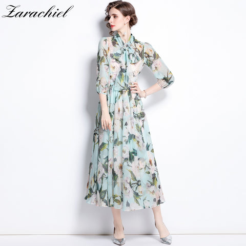 Autumn Runway Bohemian Midi Dress Women Lantern Sleeve Elegant Bow Tie Belt Collar Flower Print Long Chiffon Evening Vestidos